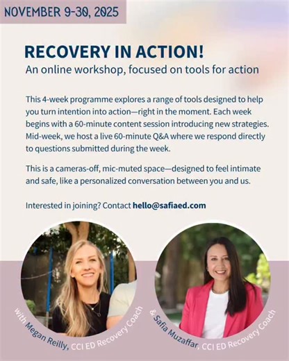 Megan Colclough on Instagram: "Back in May we ran our very first Recovery in Action pilot workshop… and we’re running it again in November (9-30th) 💛✨ This time there will be two cohorts, so we can better cover different time zones: 🕗 Cohort 1: 8:30am Dubai time 🕔 Cohort 2: 5pm Dubai time A little bit about the course: 🌟 It’s all about action in recovery. Each Sunday we’ll share practical tools for you to practice during the week, & each Thursday we’ll meet for a 