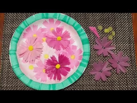 kimie gangiのお花紙貼り絵「コスモス切り紙の絵皿」