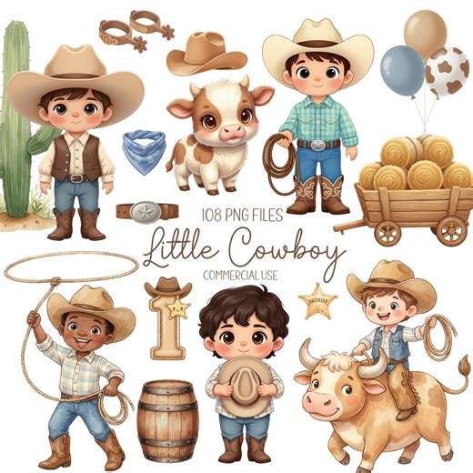 Little Cowboy Clipart Bundle, Western Kids Party PNG, Farm Ranch Birthday Graphics, Commercial Use - Etsy