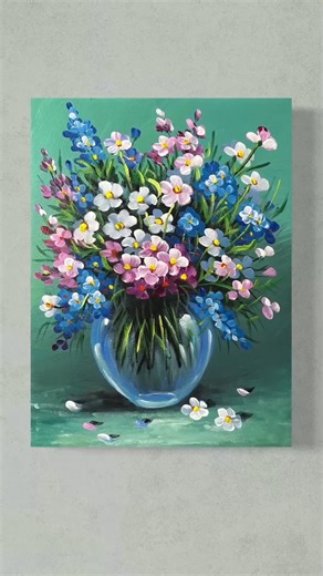 MAY Art on Instagram: "Colorful Flower Bouquet in a Glass Vase | Easy Acrylic Painting Tutorial for Beginners #132"