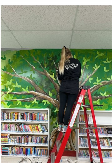 A tree mural in a library with a challenge! | paint challenge