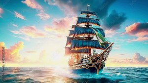 Beautiful old sailboat in sunset rays on the sea, old sailing brigantine.