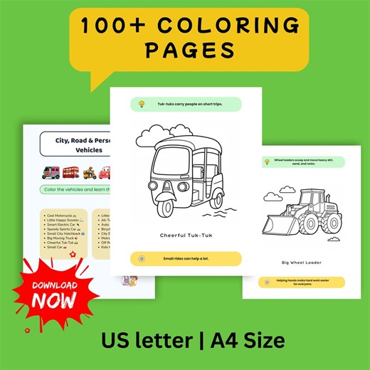 100  Vehicle Coloring Pages | Toddler & Preschool Activity (PDF Digital Download) - Etsy