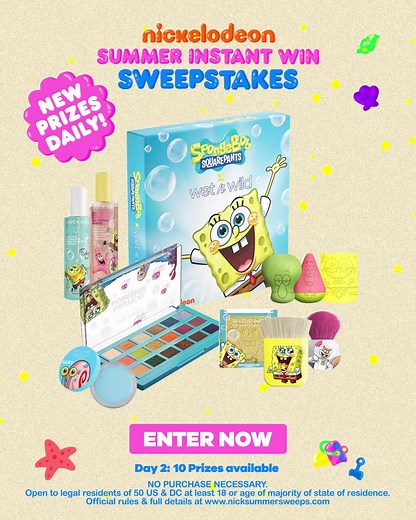 Your chance to win a new prize every day. Enter our summer sweepstakes now! Entry open until 11:59pm ET on 8/23/21. No purchase necessary. Must be legal US resident aged 18 . Official rules and prize details: at.nick.com/nicksummersweeps37 | Nickelodeon