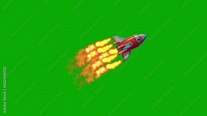 Cartoon Rocket Animation On Green Screen Background And Stars Moving. Science Mission Rocket Flying In Outer Space With Burning Fire Animation . Rocket Flying Into The Space, Game Animation