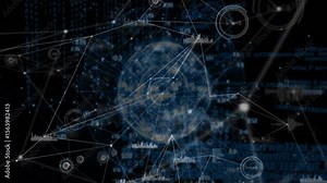 Blue sphere appearing in void, fanning white lines adding bar-chart nodes visualizing live network