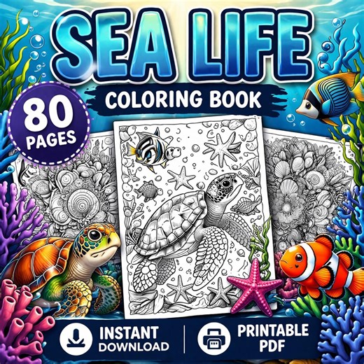 Sea Life Coloring Book for Adults, Ocean Coloring Pages, 80 Pages Printable PDF, Stress Relief Coloring Book, Instant Download - Etsy