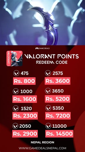 🎯 Top Up Your VALORANT Points Instantly! Get VP codes at the best prices in Nepal 🇳🇵 Officially For Nepal Region Only ✅ Instant Delivery ✅ Trusted by 5000 Gamers 📩 Message to Order Now! #ValorantNepal #GameDealsNepal #ValorantPoints #NepalGamers #ValorantTopUp #GamingStoreNepal #ValorantShop #NepalEsports | Game Deals NP