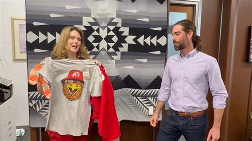 Dean Kronk Warner and Henry Randolph, our marketing and communications director, spent some time deciding on the perfect U apparel to send @cincylawdean before the Utes and Bearcats football game this Saturday, Nov. 1! The dean of the school who loses the game has to wear apparel from the winning school. Would you go with the Utah apron, trail socks, pullover or Swoop tee? Can't wait for the game! | S.J. Quinney College of Law - University of Utah