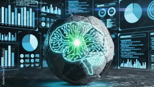A football with a digital brain superimposed on it, surrounded by data screens. Concept of technology integration in sports, intelligence, and analysis.
