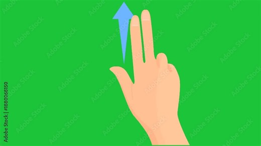 Animated hand with two fingers swiping up and blue arrow on green screen, touchscreen gesture UI animation, chroma key background