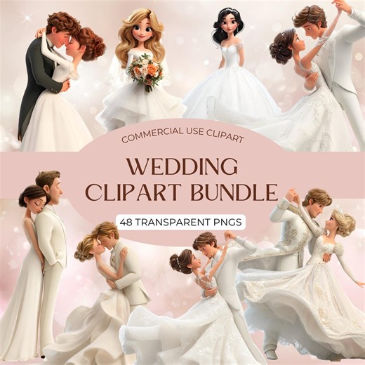 Wedding Clipart Bundle | Bride & Groom Illustration | Romantic Wedding Graphics | Bridal Party Clipart | PNG Download