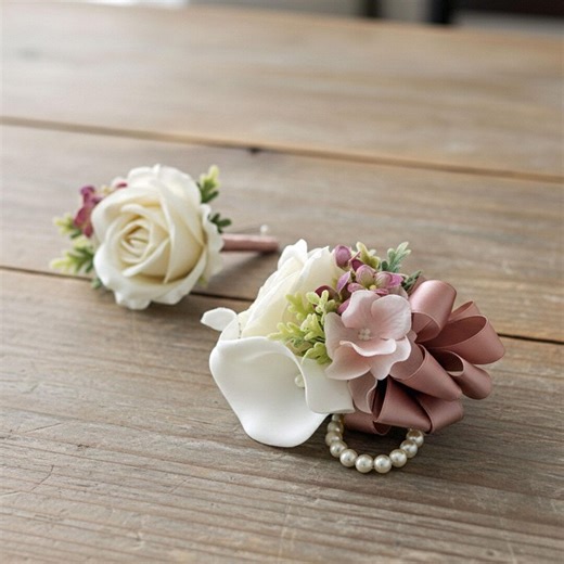 Wedding Prom Homecoming Corsage Boutonniere Blush Mauve White Artificial Flowers - Choose Your Ribbon Color - Etsy