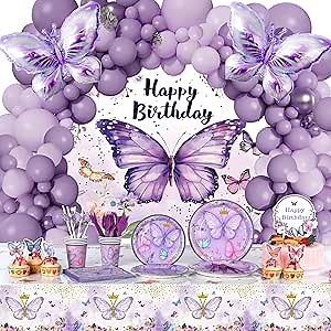 Butterfly Party Decorations, 190 PCS Purple Butterfly Birthday Decorations, Include Balloons, Backdrop, Tableware, Cake Toppers