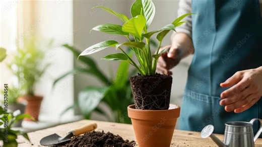 A Beginner's Guide to Potting Plants: Steps for Repotting with Care, Showing Plant Roots and Soil in a Bright, Greenery-Filled Environment