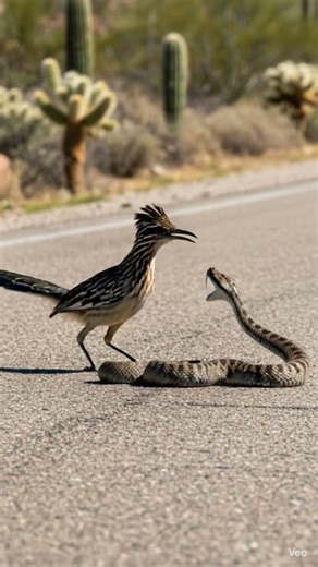 The bird, the road runner, attacks a viper