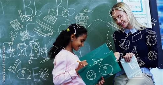 Girl opening green folder, writing in school while teacher helping, doodles appearing to share work