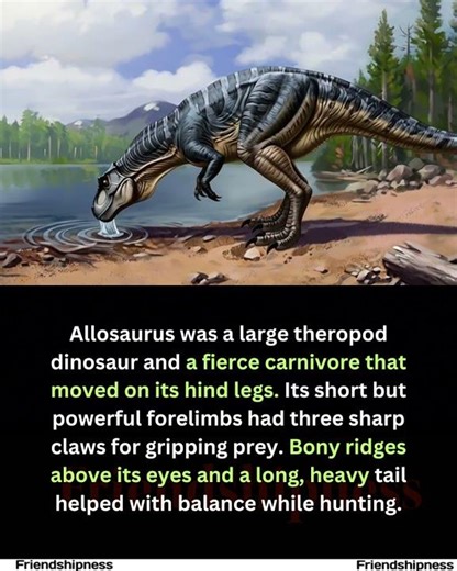 Allosaurus was a carnivorous theropod with sharp claws, eye ridges, and a balancing tail.#fact