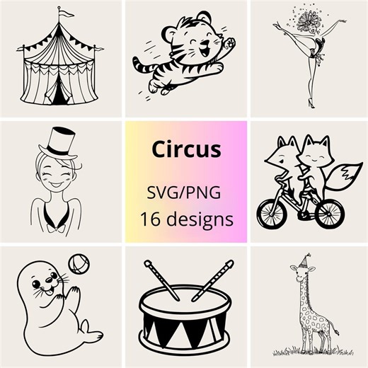 Circus SVG PNG Bundle | Cute Animals Circus Clipart Set - Etsy