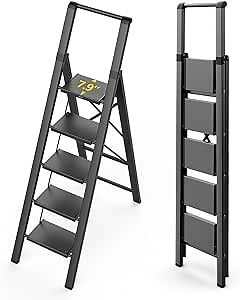 WOA WOA 5 Step Ladder for 10 Feet High Ceiling, Lightweight Foldable Ladder with Non-Slip Wide Pedals, Step Stool with Safe Handrail, Space Saving for Home, Kitchen, Indoor & Outdoor 300lbs - Black