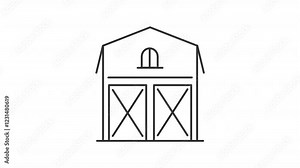 Animated barn icon. Farm building for storing line animation. Traditional architectural form at countryside. Black illustration on white background. HD video with alpha channel. Motion graphic