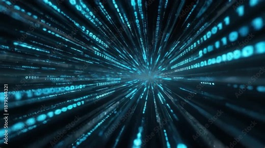 Abstract blue binary code data tunnel flythrough with high speed motion blur and glowing numbers