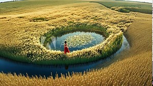 A woman in a red dress stands on the edge of a small pond surrounded by tall grass, looking out over a vast field of wheat