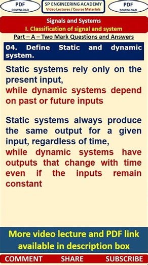 04SS1 Signals and Systems Part A Questions Define Static and dynamic system