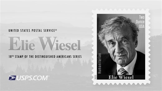 The U.S. Postal Service honors Elie Wiesel (1928-2016) with the 18th stamp of its Distinguished Americans series. Wiesel was a survivor of Nazi concentration camps whose life and writing on the Holocaust are a testament to moral courage and the resilience of the human spirit. | US Postal Service