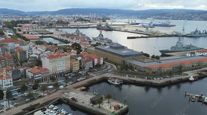 Ferrol City, Galicia Spain, Aerial Zoom In View of Coastal Town With Shipbuilding Factory and Harbor
