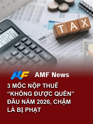 3 mốc nộp thuế đầu năm 2026 mà doanh nghiệp & hộ kinh doanh không được quên: 📍 20/01 – khai thuế tháng 📍 02/02 – khai thuế quý 📍 31/03 – quyết toán thuế năm 2025 Chậm là bị phạt tiền và tính lãi 0,03%/ngày. #AMFNews #CanhBaoThue #MocNopThue2026 #Thuế2025 #HoKinhDoanh #DoanhNghiep #AMF #ApexMekongFuture