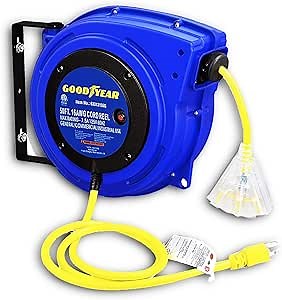 Goodyear Extension Cord Reel Retractable 16AWG x 50' Foot 3C/SJTOW Commercial Cable LED Triple Tap Connector Power 10A 125VAC 938W