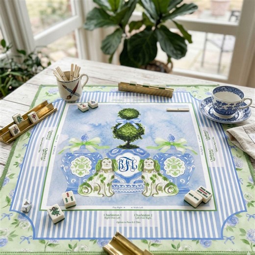 Staffordshire Dog Mahjong Mat - Custom Mat With Rules - Personalized Gift - Green & Blue Grandmillenial Design - Neoprene Game Mat - Etsy