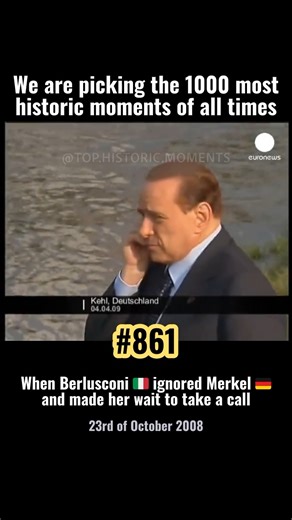 Top Historic Moments on Instagram: "On the 4th of April 2009, upon arriving for the NATO summit in Kehl, Germany, Italian Prime Minister Silvio Berlusconi stepped out of his car and immediately took a phone call with Turkish Prime Minister Recep Tayyip Erdogan about NATO's new chief, leaving German Chancellor Angela Merkel waiting on the red carpet beside him. Merkel stood with her arms crossed while Berlusconi chatted for a long time, ignoring protocol. #berlusconi #italia🇮🇹 #it