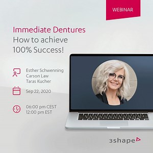 An inside look at how you can achieve 100% success with digital immediate dentures using the Bellus3D and TRIOS. We will run you through our clinical workflow and then deep dive into the lab design and manufacturing process. You will get an overview of the end-to-end workflow for producing perfect digital immediate dentures. Esther Schwenning - Denturist practicing in Prince George, BC, Canada, external speaker Carson Law - Denturist, Northern Lights Denture Clinic, external speaker Taras Kucher
