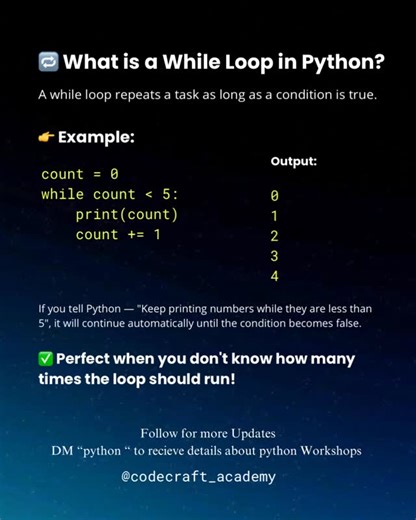 CodeCraft Academy on Instagram: "Still confused about loops? 🤯 The while loop helps Python repeat tasks automatically until a condition becomes false 🔁🐍 Simple, powerful, and every beginner should know this! 📌 Save this for later 📩 Share with a friend learning Python 👉 Follow for easy coding lessons & workshop updates #PythonBasics #WhileLoop #LearnPython #CodingForBeginners #PythonStudents Programming"