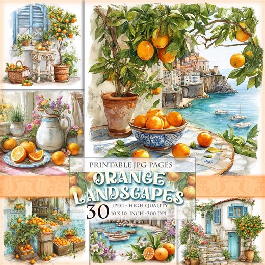 Orange Landscapes Clipart Set, Printable 30 JPG Image, Amalfi Mediterranean Summer Sea, Citrus Fruit Blossom, (digital Download) - Etsy