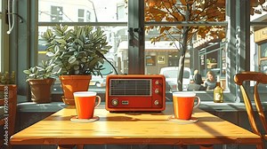radio at cafe with chill vibes, Lofi background music. seamless looping 4k time-lapse animation video background