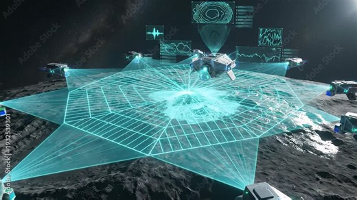Futuristic spaceships orbiting a desolate asteroid, collaboratively scanning and generating a detailed holographic topographical map of its surface using advanced data and laser technology