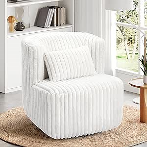 Vesgantti Swivel Accent Chair White, 360° Swivel Barrel Chair, Modern Upholstered Armchair, Comfy Round Swivel Accent Chair, Makeup Accent Chair for Bedroom, White Swivel Accent Chairs for Living Room
