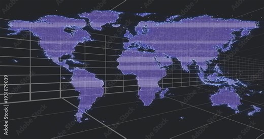 Purple world map starting scan, panning right on 3D grid, flickering, forming dots, showing coasts