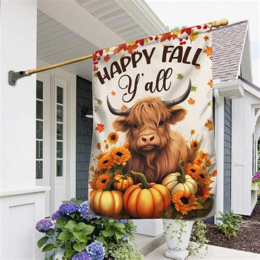 🍂🎃 Tired of the same old pumpkins and leaves? Our Highland Cow Fall Flag adds farmhouse charm and personality to your autumn display.🎉 👉 Order now & give your porch cozy fall vibes! https://flagwix.com/products/happy-fall-yall-highland-cow-pumpkins-fall-flag-tpt1146f/ | Unique Flags