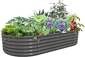 A ANLEOLIFE 8X4X1.5 ft Galvanized Raised Garden Beds Outdoor, Oval Large Metal Planter Box for Planting Vegetables Flowers Herb, Anti-Rust & Easy-Setup, Quartz Grey