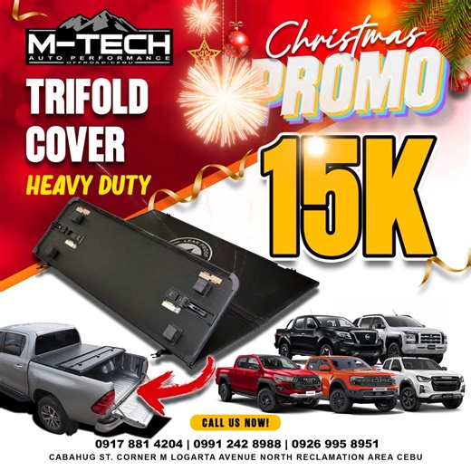 Trifold cover for 15k only Available here at Mtech For Inquiries visit our Shop at M-Tech Auto Accessories - Reclamation 📍Cabahug St. corner M. Logarta Ave., North Reclamation Area, Cebu City (At the back of Bayfront Hotel Cebu and across rightside of Natasha) ⏰ Monday to Saturday 8:00AM - 7:00PM Or you may contact us at these following numbers: 📱09269958951 - ANGEL 📱09084072290 - ERGIE 📱09178814204 - CHARO 📱09660238396 - SONNY 📱09058714273 - RICKY | M-Tech Auto Accessories