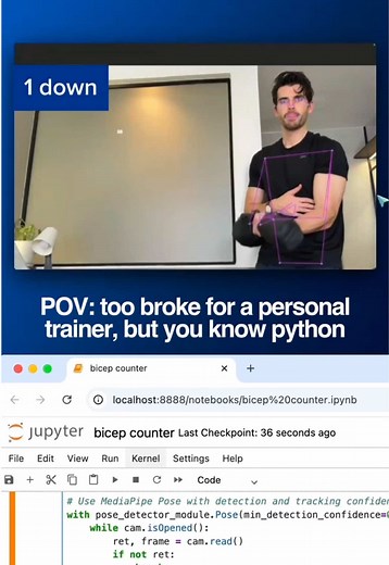 coding a bicep curl counter app 👾 Let me know if you guys want a video walking through how to build this. this is a fun python, machine learning/computer vision project that uses pose estimation to detect arm movement through your webcam. Took me a few hours, as the text just wasn’t appearing for ages (had the usual breakdown turned into god complex once it worked in the end). 🤌 #coding #tech #programming #machinelearning #python