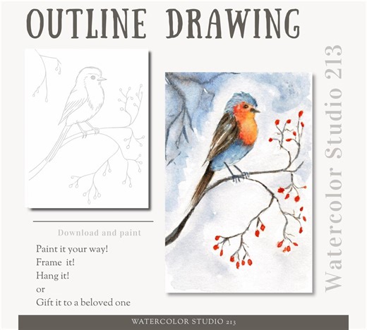 Watercolor Bird Paint Along | Printable Line Art & Finished Artwork 4x6 | Watercolor Practice | Digital Download - Etsy