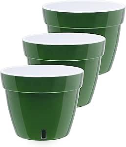 Gardenera 7.1" ASTI Self Watering Planter (Set of 3) in Green-Gold/White - Modern Flower Pot with Water Level Indicator for All House Plants, Flowers, Herbs, Succulents and Hanging Plants