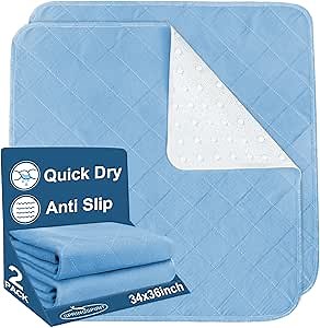 Bed Pads Washable Waterproof(2 Pack, 34 x 36), Washable and Reusable Incontinence Chuck Pads Anti Slip Pee Pads Underpad Sheet Protector for Adults, Elderly, Kids, Toddler and Pets, Blue