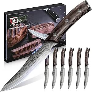Steak Knives Set of 6, 4.8 Inch Carbon Steel Japanese Style Non-Serrated Meat Knife with Damascus Pattern, Ergonomic Full-Tang Non-Slip Wooden Handle, Thanksgiving Christmas Cooking Gifts