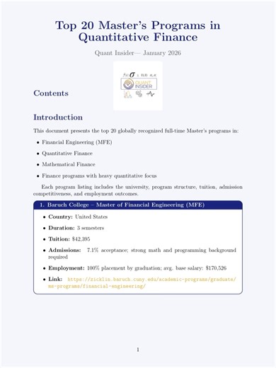 Quant Insider on Instagram: "A comprehensive report of the Top 20 Global Master’s Programs in Financial Engineering, Quantitative Finance, and Mathematical Finance. Includes tuition costs, admissions competitiveness, and employment outcomes, with insights from QUANTNET , Risk.net, and official university sources. 1. Baruch College – Master of Financial Engineering (MFE) 2. Princeton University – Master in Finance (MFin) 3. University of California, Berkeley, Haas School of Business – Master of F
